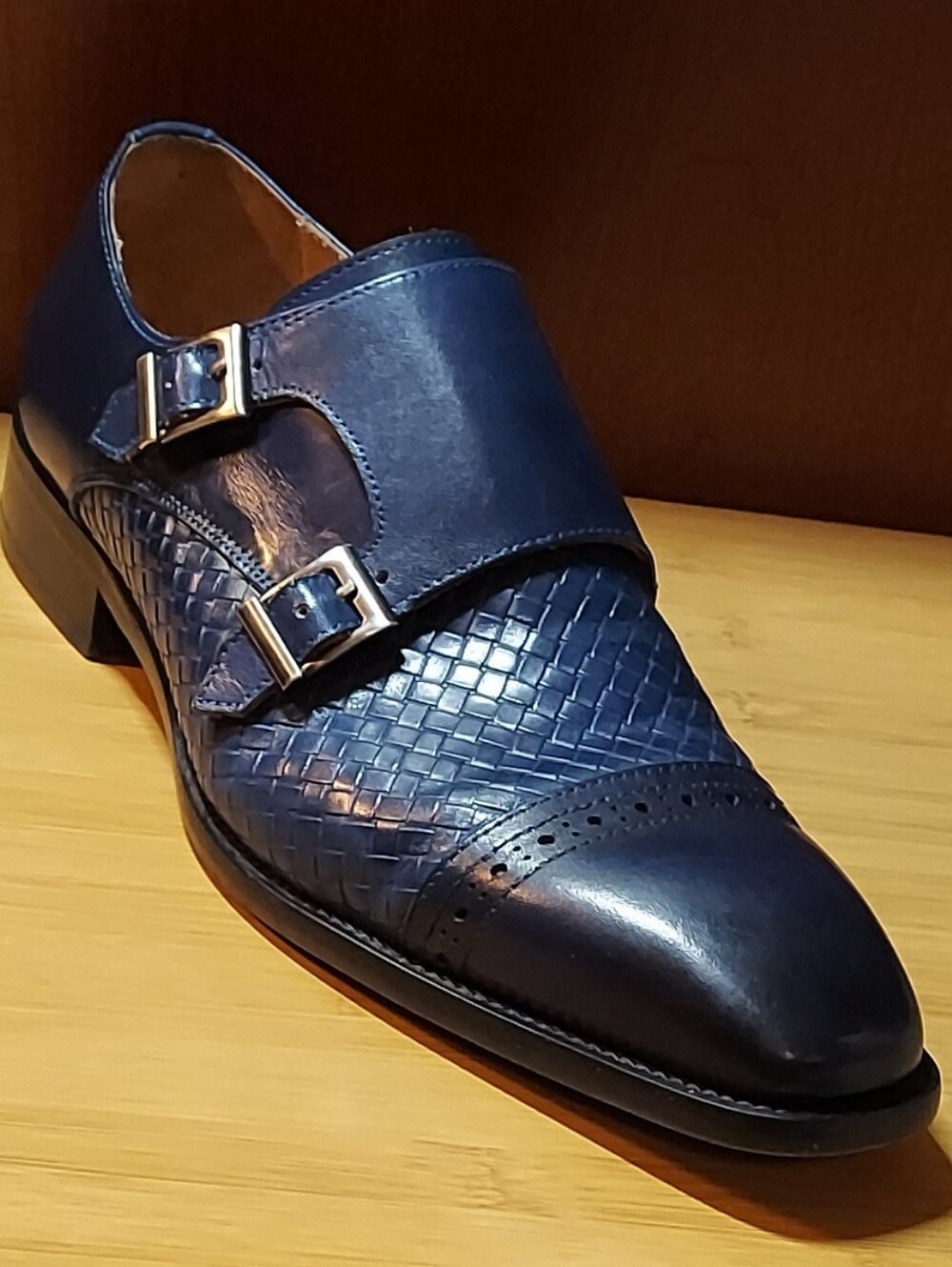 AUGUSTINO "TINO" MEN'S BLUE LEATHER WOVEN CAPTOE DOUBLE MONK STRAP SHOES SIZE 11